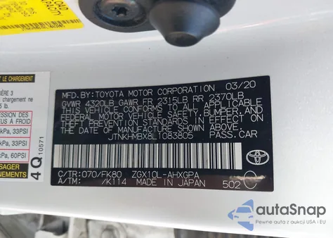 2020 Toyota C-Hr Xle z USA, uszkodzony, nr VIN JTNKHMBX8L1083805